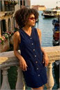 Navy Cotton V-Neck Button Pocket Dress, Image 1 of 6