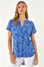 Royal Blue Abstract Print V-Neck Stretch Top, Image 4 of 5