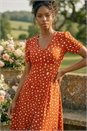 Dark Orange Polka Dot Ruched Sleeve Midi Dress, Image 1 of 6