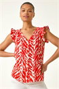 Red Printed Frill Sleeve Button Up Blouse, Image 1 of 5