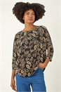 Black Paisley Puff Print Stretch Top, Image 2 of 5