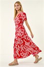 Red Leaf Print Shirred Maxi Dress, Image 1 of 5