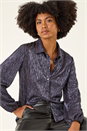 Midnight Blue Foil Plisse Button Through Blouse, Image 1 of 5