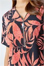 ORANGE Leaf Print Zip Detail V-Neck Stretch Top, Image 5 of 5