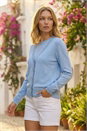 Light Blue Shimmer Trim Knit Cardigan, Image 1 of 4
