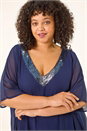 Midnight Blue Curve Sequin Trim V-Neck Kaftan, Image 4 of 5