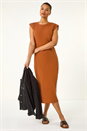 Rust Ribbed Cap Sleeve Midi Dress, Image 2 of 5
