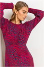 Red Animal Print Shirred Cuff Midi Dress, Image 4 of 5