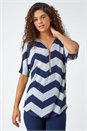 Navy  Zip Front V-Neck Zig Zag Top, Image 1 of 5