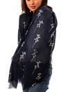 Navy Blue Silver Foil Floral Sprig Lightweight Scarf, Image 2 of 3