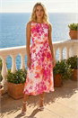 PINK Floral Pleated Neck Midi Dress, Image 1 of 4