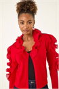 Red Ruffle Contrast Knit Cardigan, Image 1 of 5
