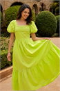 Lime Dusk Pleated Puff Midi Dress, Image 2 of 4