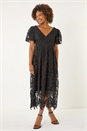 Black Crochet Lace V-Neck Midi Dress, Image 2 of 5