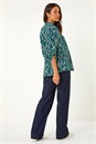 Teal Abstract Print Front Pleat Stretch Top, Image 3 of 5