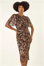 Bronze Foil Print Twist Front Midi Dress, Image 2 of 5