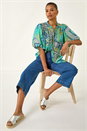 Blue Patchwork Print Tie Front Blouse , Image 1 of 5