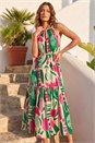 Pink Petite Print Tiered Hem Maxi Dress, Image 2 of 4