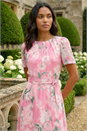 Pink Floral Print Pleat Neck Midi Dress, Image 4 of 4