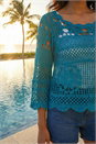 Teal Crochet Knit Flared Sleeve Top, Image 4 of 4