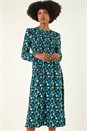 Teal Floral Print Shirred Stretch Midi Dress, Image 4 of 5