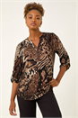Brown Animal Puff Print Stretch Top, Image 4 of 5