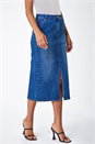 Blue Cotton Blend Denim Stretch Split Midi Skirt, Image 1 of 6