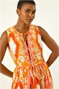 Orange Abstract Tie Neck Midi Dress, Image 4 of 5