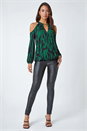 Forest Green Abstract Print Cold Shoulder Chiffon Top, Image 2 of 5