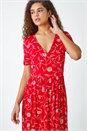 Red Floral Print Stretch Wrap Midi Dress, Image 4 of 5