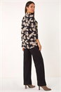 Black Floral V-Neck Pleat Front Stretch Top, Image 2 of 5