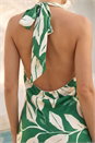 Green Floral Print Satin Bias Cut Bodycon Dress, Image 3 of 4