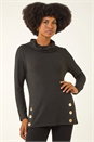 Black Cowl Neck Buttoned Top, Image 2 of 5