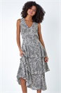 White Abstract Zebra Print Tiered Midi Dress, Image 2 of 5