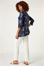 Navy  Floral Lace Cuff Stretch Top, Image 3 of 5