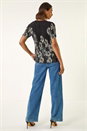 Black Floral Print Pleated Short Sleeve Top, Image 3 of 5