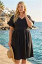 Black Curve Cotton V-Neck Frill Dress, Image 3 of 4
