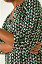 Green Abstract Print V-Neck Button Stretch Shirt, Image 5 of 5