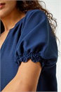 Navy  Puff Sleeve Button Up Detail V-Neck Blouse, Image 5 of 5