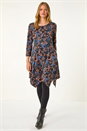Navy  Floral Print Hanky Hem Stretch Dress, Image 2 of 5
