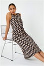 Black Abstract Print Drawcord Stretch Midi Dress, Image 1 of 5