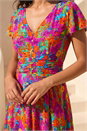 Fuchsia Floral Ruched Waist Midi Dress, Image 4 of 4