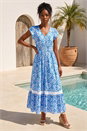 Light Blue  Tile Print Shirred Waist Maxi Dress, Image 2 of 4