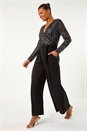 Black Sequin Wrap V-Neck Stretch Jumpsuit, Image 2 of 6