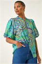 Blue Patchwork Print Tie Front Blouse , Image 4 of 5