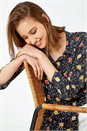 Black Daisy Print Longline Tunic Shirt, Image 1 of 5