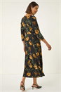 Yellow Floral Print Ruched Stretch Midi Dress, Image 3 of 5