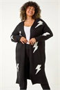Black Curve Printed Longline Cardigan, Image 1 of 5