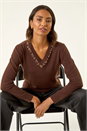 Chocolate V-Neck Sparkly Knit Jumper, Image 1 of 5