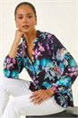 Navy Petite Floral Button Up Blouse, Image 1 of 5
